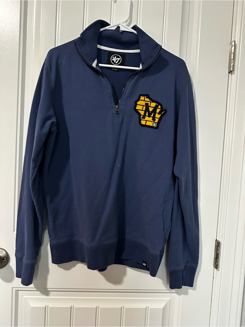 Milwaukee Brewers 47 Navy Quarter-Zip Pullover with Gold Patch. Go Brew Brew